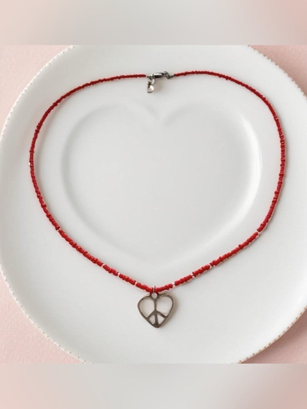 Silpada  Red Heishi and Seed Bead Necklace with peace/ heart charm . Vintage